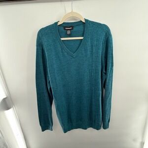 Express Merino Wool V-Neck Sweater Teal Blue Green Men's XL Tall Lightweight‎